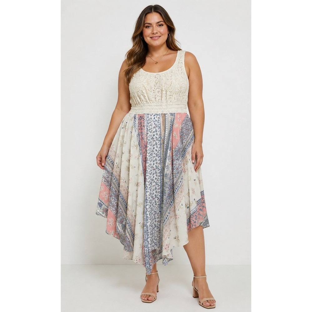 Liberty Love Midi Dress Women 2XL Ivory Pink Floral Lace Asymmetric Hem Boho